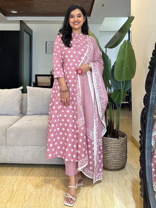 Elegant Polka Dot A-Line Kurti Set with Matching Pant & Dupatta