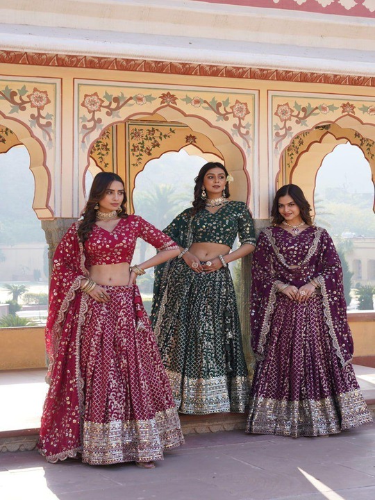 Designer Lehenga Choli Set with Embroidered Sequins in Rani Color – Pramukhmart