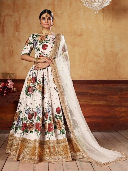 Elegant Cream, Orange & Grey Digital Print Silk Lehenga Choli with Embroidered Border & Pearl Detailing