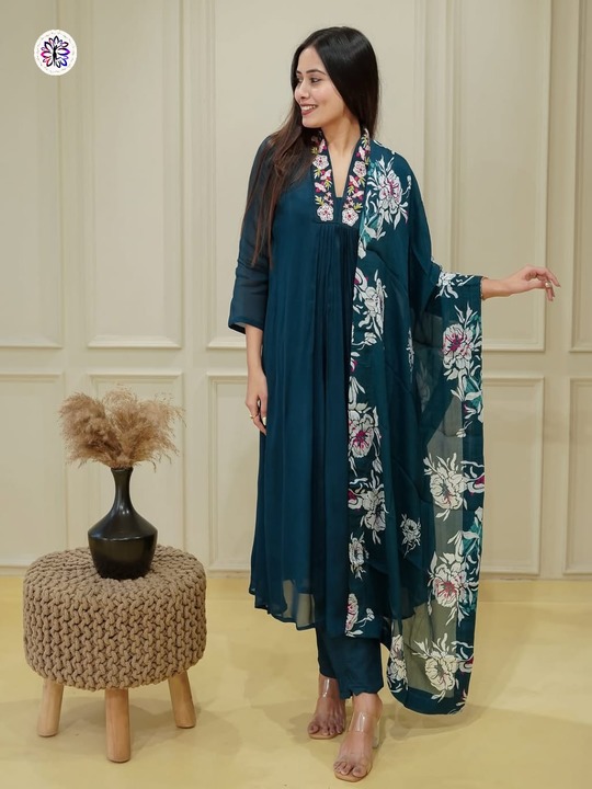 Delicate Cream Floral Embroidered Suit Set with Scalloped Details