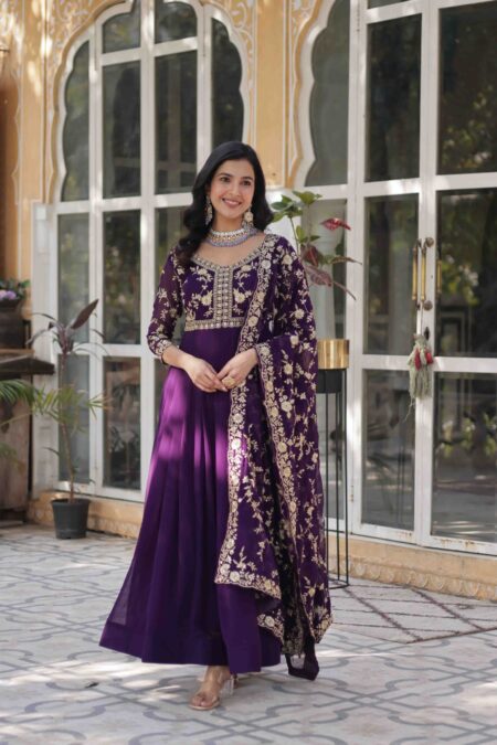 Gown with Sequins & Embroidered Lace Border Dupatta