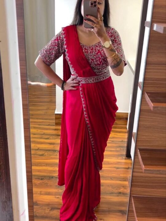 Embroidered Chinon Ready-to-Wear Saree with Belt