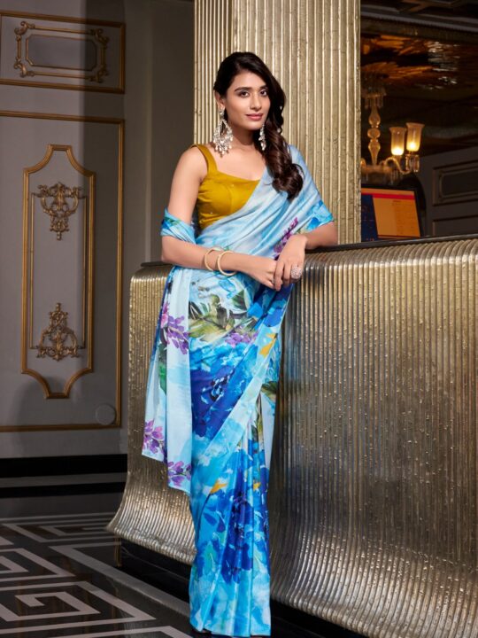 Glossy Printed Satin Saree with Hotfix Moonga Blouse