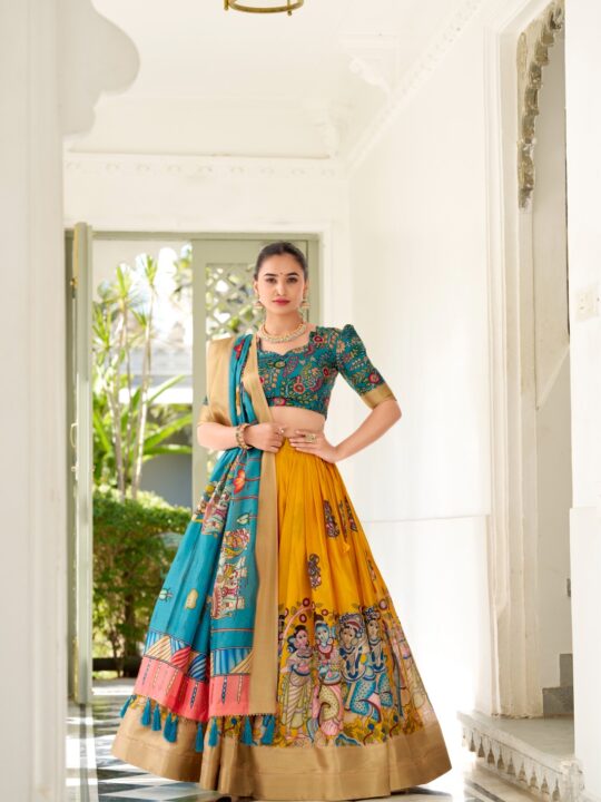 Dola Silk Kalamkari Lehenga with Dupatta and Printed Blouse – Pramukhmart