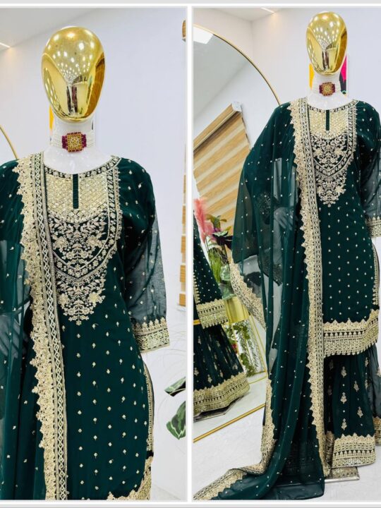 Elegant embroidered designer sharara suit set with dupatta for women – Pramukhmart