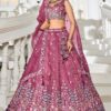 Front view of embroidered tissue lehenga choli with dupatta