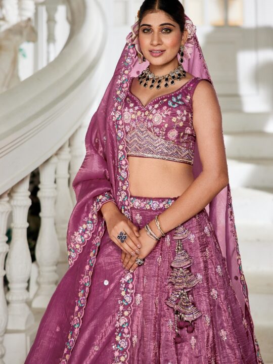 Close-up of floral embroidery on lehenga skirt