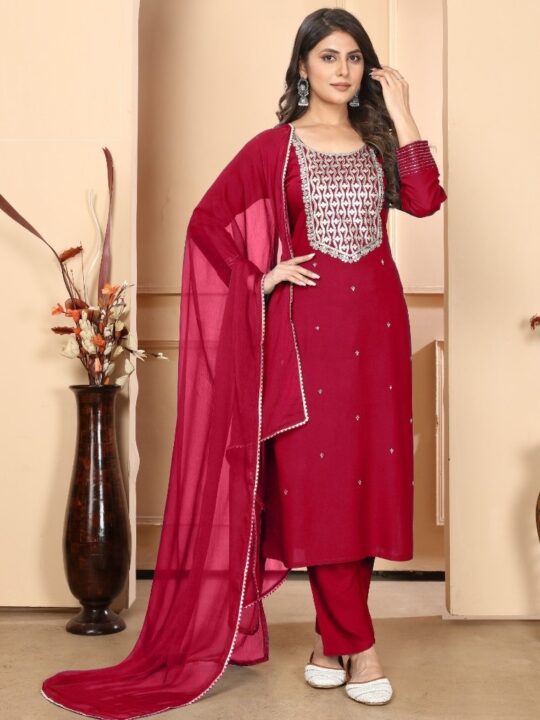 Full view of 3-piece ethnic suit in all color options