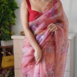 Premium Organza Silk Saree with Floral Print and Sequin Border – Pramukhmart