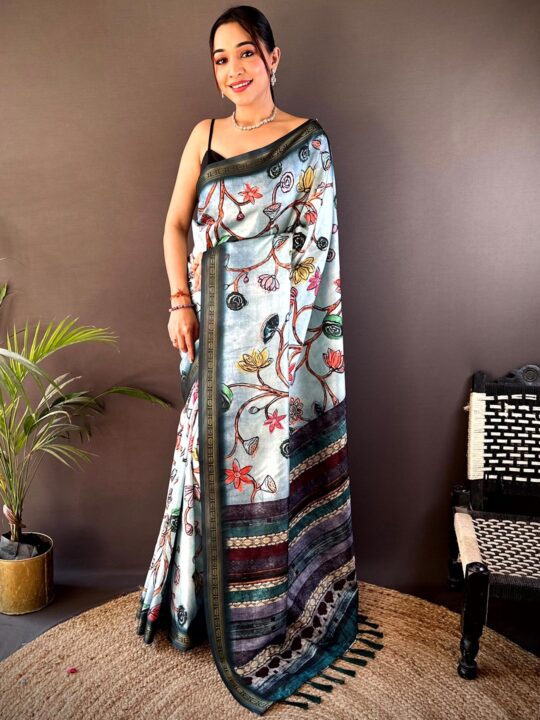 soft silk kalamkari print saree