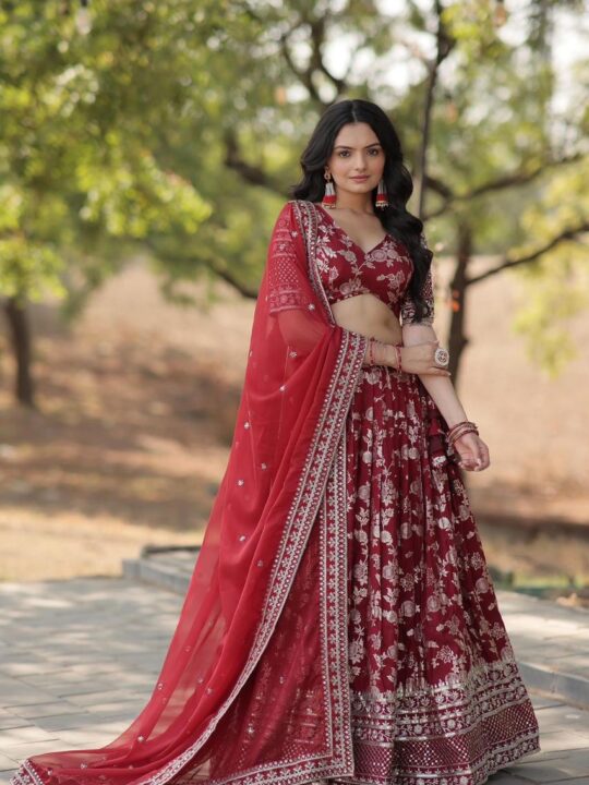Designer dyeable viscose jacquard lehenga choli with sequin embroidery and Russian silk dupatta