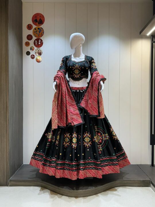 Jam Cotton Chaniya Choli with Heavy Aari Work and Bandhani Dupatta