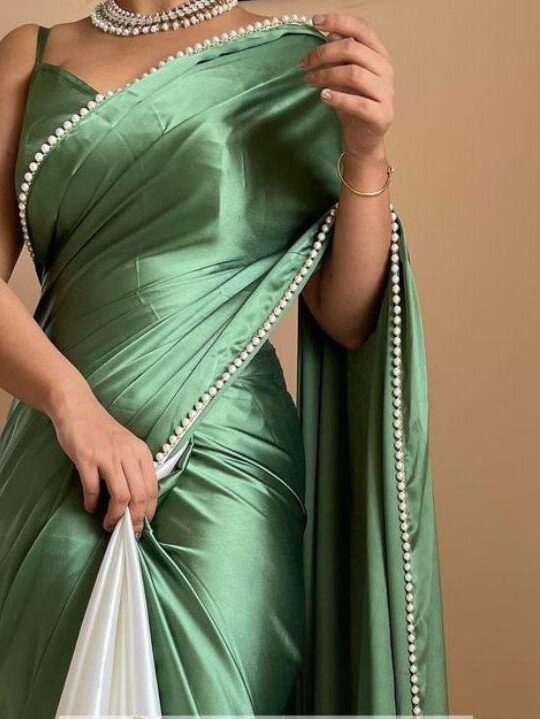 Dual tone satin silk saree with moti lace border – Pramukhmart