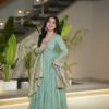 Roman silk Anarkali gown with Chanderi Banarasi dupatta and churidar sleeves