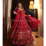Front view of designer embroidered Anarkali gown with dupatta
