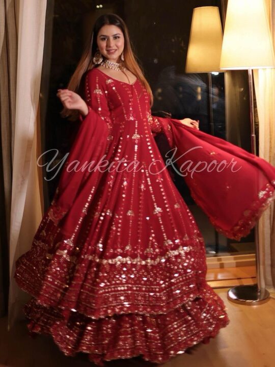 Front view of designer embroidered Anarkali gown with dupatta