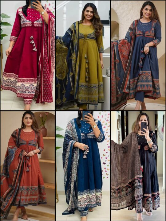 Handblock print cotton Anarkali dress set with handwork neck by Pramukhmart