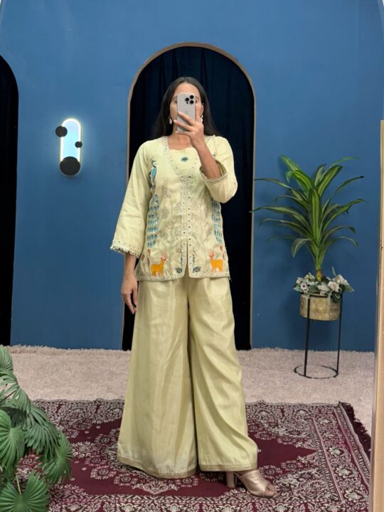 Trending Embroidered Koti Co-ord Set with Stitched Palazzo