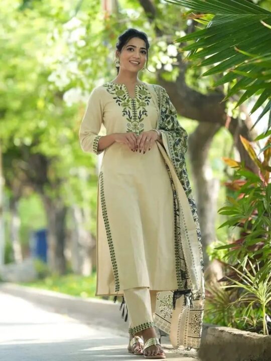 Designer Kurta Set with Matching Bottom & Art Silk Dupatta