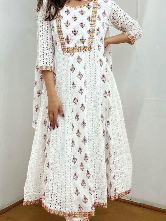 Chikankari Anarkali Kurti Set with Mirror Work & Malmal Dupatta