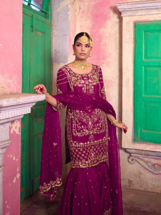 Front view of Fancy Kurti Sharara Set with Dupatta – Chinon Silk & Embroidery