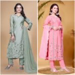 Long Chinon silk kurti set with embroidered dupatta – Pramukhmart