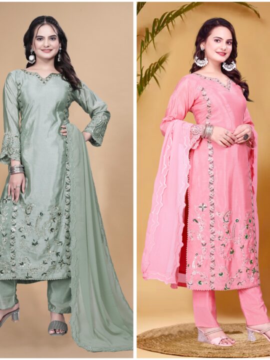 Long Chinon silk kurti set with embroidered dupatta – Pramukhmart