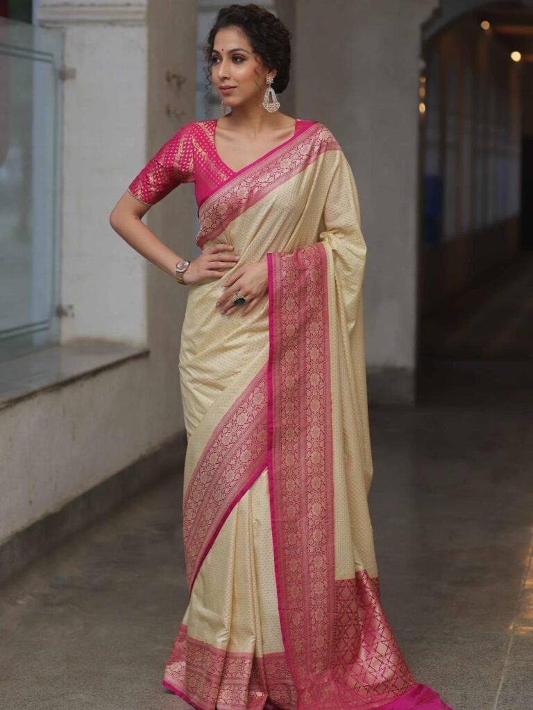 Organic Banarasi Lichi Silk Saree with blouse for wedding wear