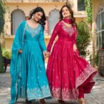 American Silk gown set with thread and sequin work, dupatta, and pant
