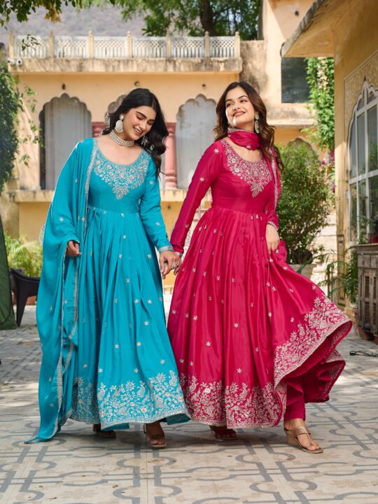 American Silk gown set with thread and sequin work, dupatta, and pant