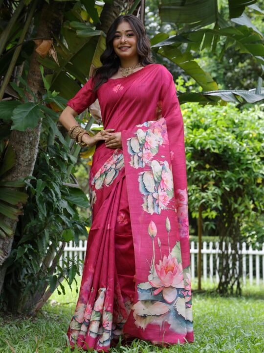 Model wearing a tussar silk saree with lotus pallu and soft floral prints, styled with a running blouse.