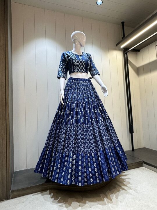 Denim Print Camric Cotton Chaniya Choli with Printed Dupatta and Lined Lehenga