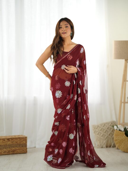 Multicolour sequin saree with faux georgette fabric and lace border