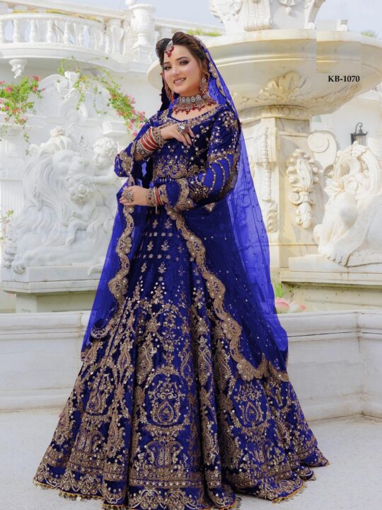 Velvet bridal lehenga in maroon with embroidery and mirror work, Pramukhmart bridal lehenga black velvet full sleeve blouse, Royal blue bridal lehenga with heavy embroidered net dupatta