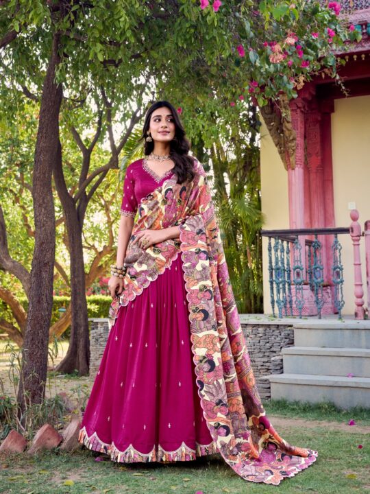 Chiya Choli Lehenga in Vichitra Silk with sequins embroidery and Kalamkari print border by Pramukhmart