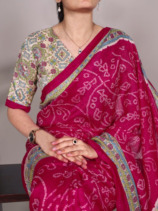 Handcrafted Silk Madhubani Bandhej Fusion Print Saree in Green, Pink, Maroon and Purple by Pramukhmart