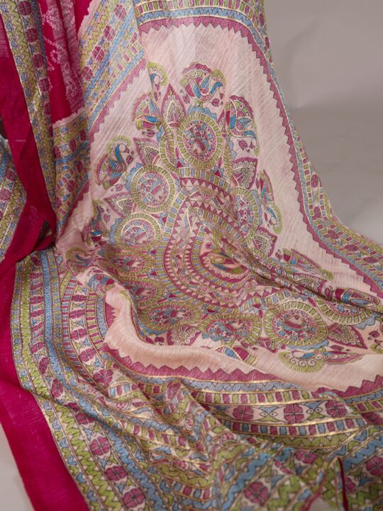 Handcrafted Silk Madhubani Bandhej Fusion Print Saree in Green, Pink, Maroon and Purple by Pramukhmart