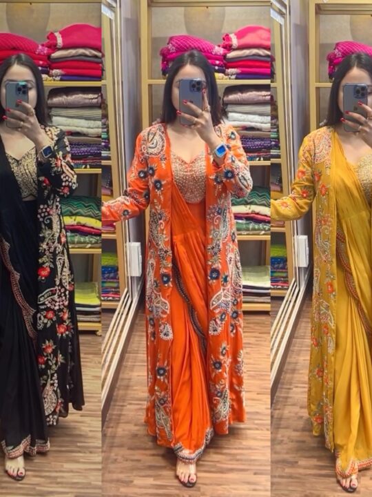 Ready to wear drape saree with embroidered koti and stitched blouse – Chinon silk set