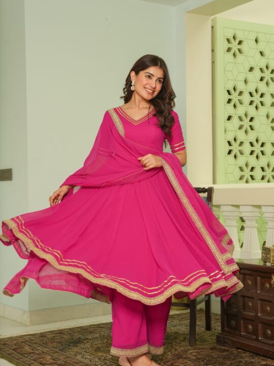 Elegant Georgette Gown with Embroidery Lace, Dupatta, and Plazo – Pramukhmart