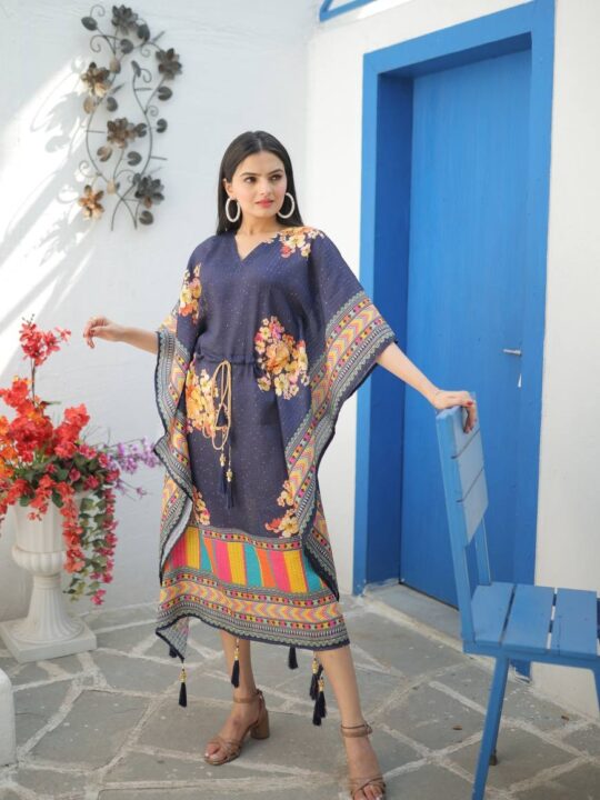 Premium Chinon Blue Kaftan with Digital Print and Tassels – Pramukhmart