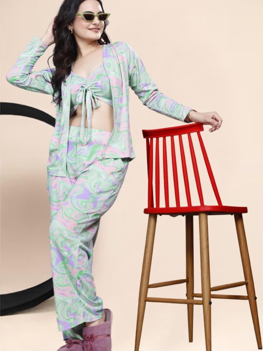 "3-piece pastel loungewear set with tie-up bralette in mint green"