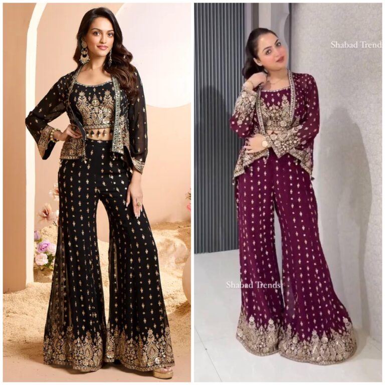 Embroidered Faux Georgette Koti Blouse Suit Set with Palazzo – Pramukhmart