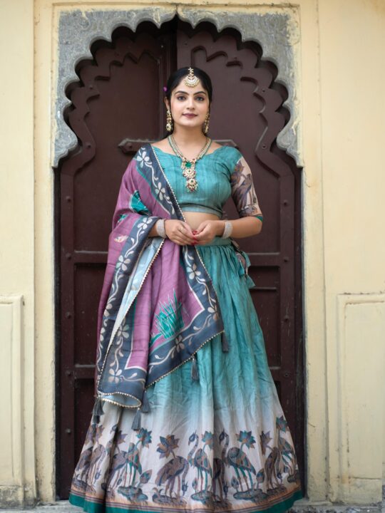 Designer Kalamkari Lehenga Set in Manipuri Silk with Gota Patti Dupatta