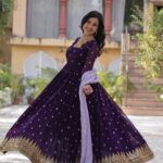 Elegant faux blooming embroidered gown with dupatta – full sleeves, sequin & zari work – Pramukhmart
