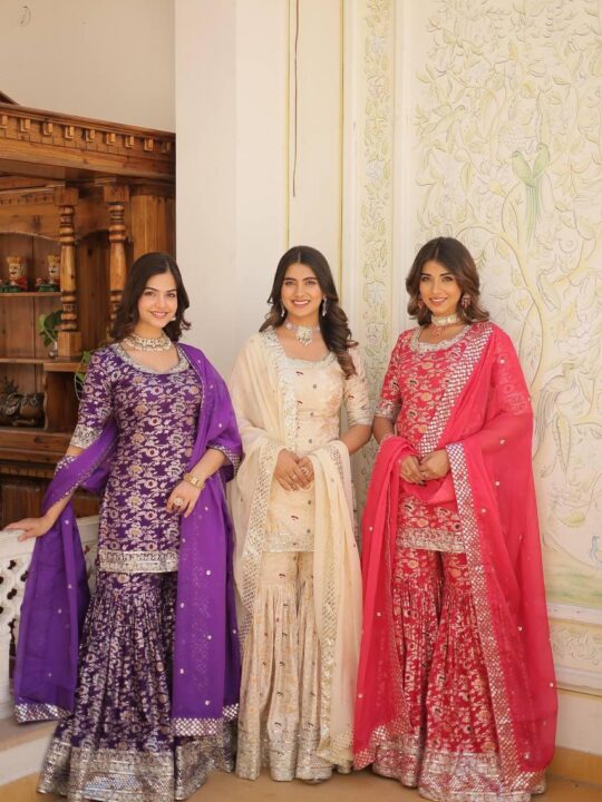 Designer viscose jacquard gharara set with sequins and zari embroidery and Russian silk dupatta