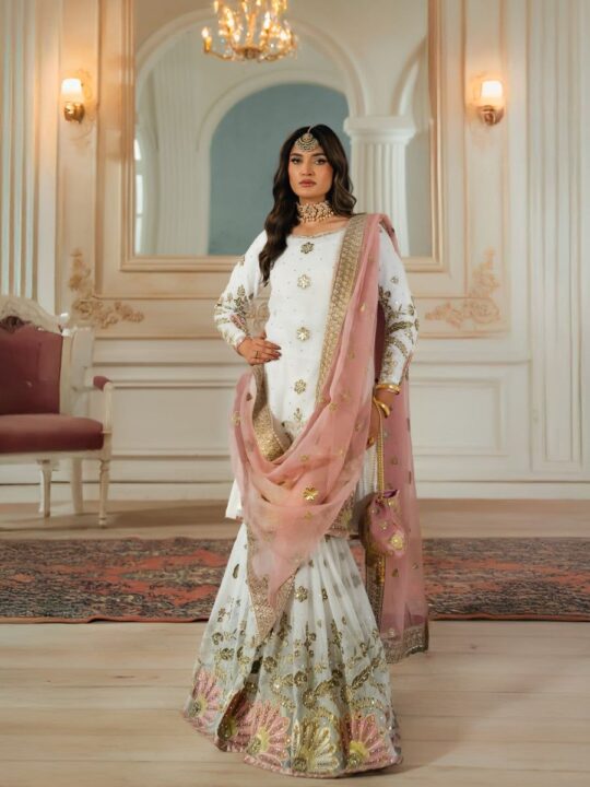 Embroidered faux georgette kurti plazzo set with butterfly net dupatta