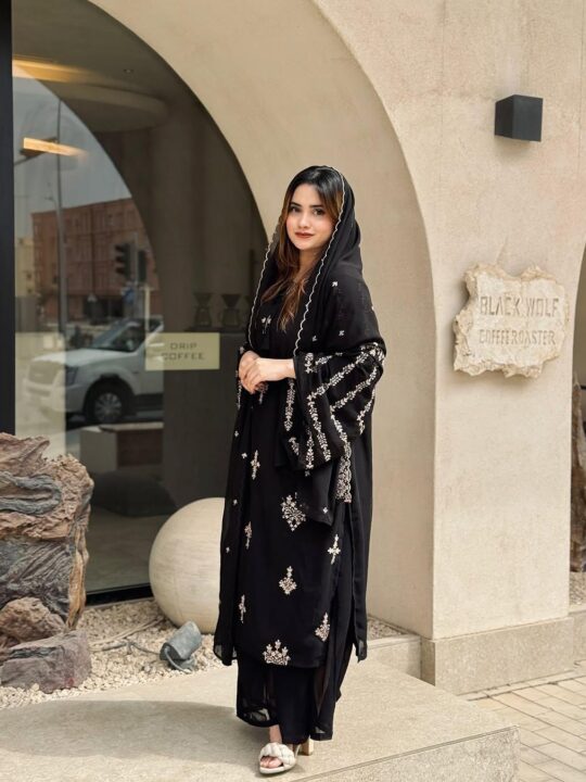 Designer faux georgette palazzo set with embroidered top and dupatta