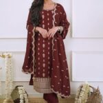 Chinon Silk Embroidered Kurti Set with Dupatta – Front View