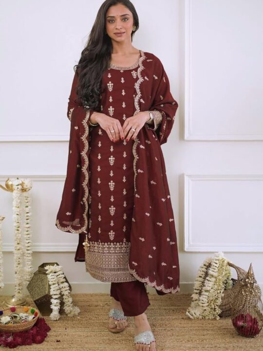 Chinon Silk Embroidered Kurti Set with Dupatta – Front View