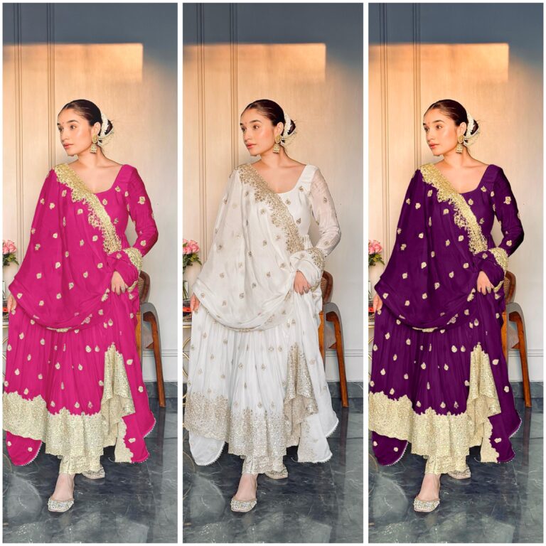 Chinon silk embroidered gown set with pant and dupatta – Pramukhmart